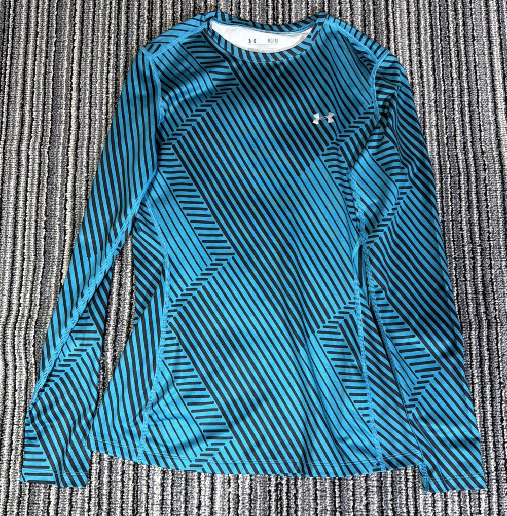 Under Armour ColdGear Fitted Long Sleeve Compression Top Teal Striped Womens M